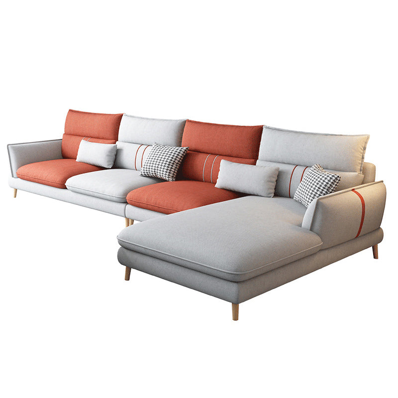 Fabric Pillow Back Sectional Flared Arm Sectional with Wood Accents