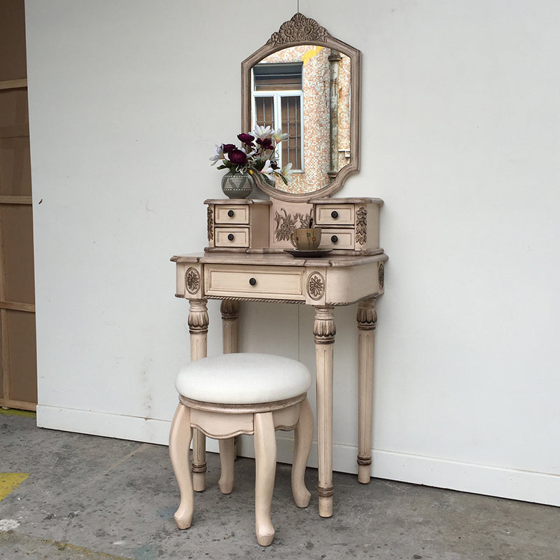 Oak Vanity Set with Stool 64.17" High Vanity with Drawer and Mirror