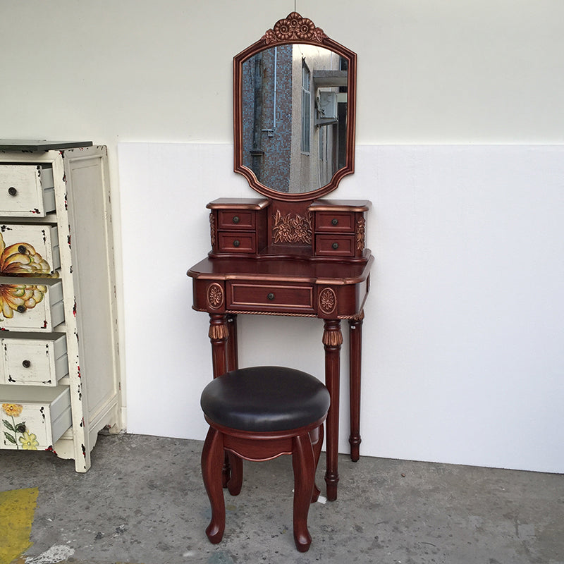 Oak Vanity Set with Stool 64.17" High Vanity with Drawer and Mirror