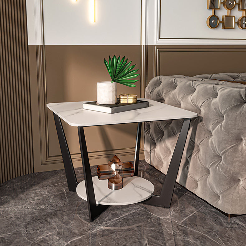 Contemporary Cross Legs End Table Square Slate Top End Table with Shelf
