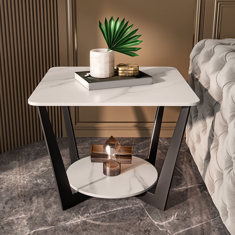 Contemporary Cross Legs End Table Square Slate Top End Table with Shelf