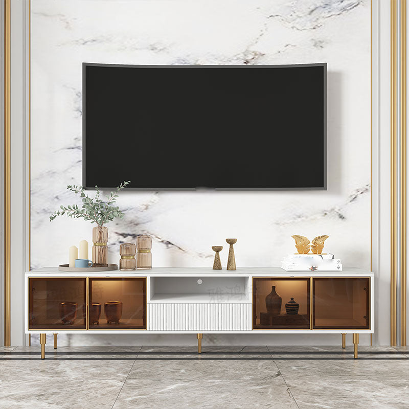 Stone and Wooden TV Media Stand with Doors Contemporary TV Stand