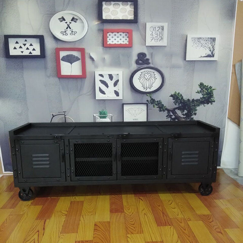 Metal Black TV Cabinet Industrial Style Home TV Stand Console with Casters