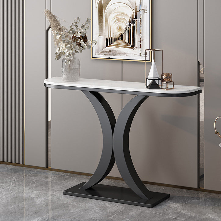 Glam Iron Console Sofa Table Half Moon Marble Console Accent Table for Hall