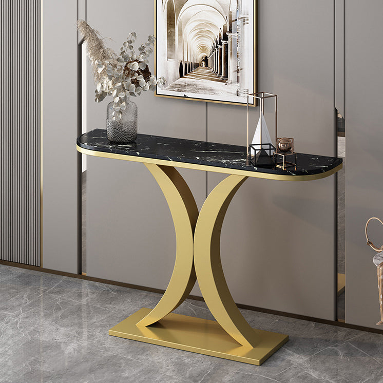 Glam Iron Console Sofa Table Half Moon Marble Console Accent Table for Hall