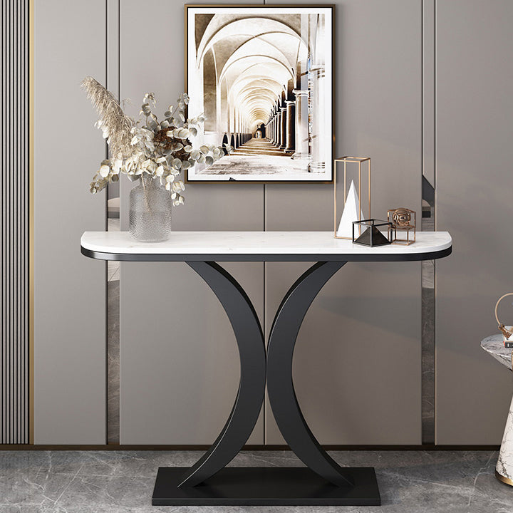 Glam Iron Console Sofa Table Half Moon Marble Console Accent Table for Hall