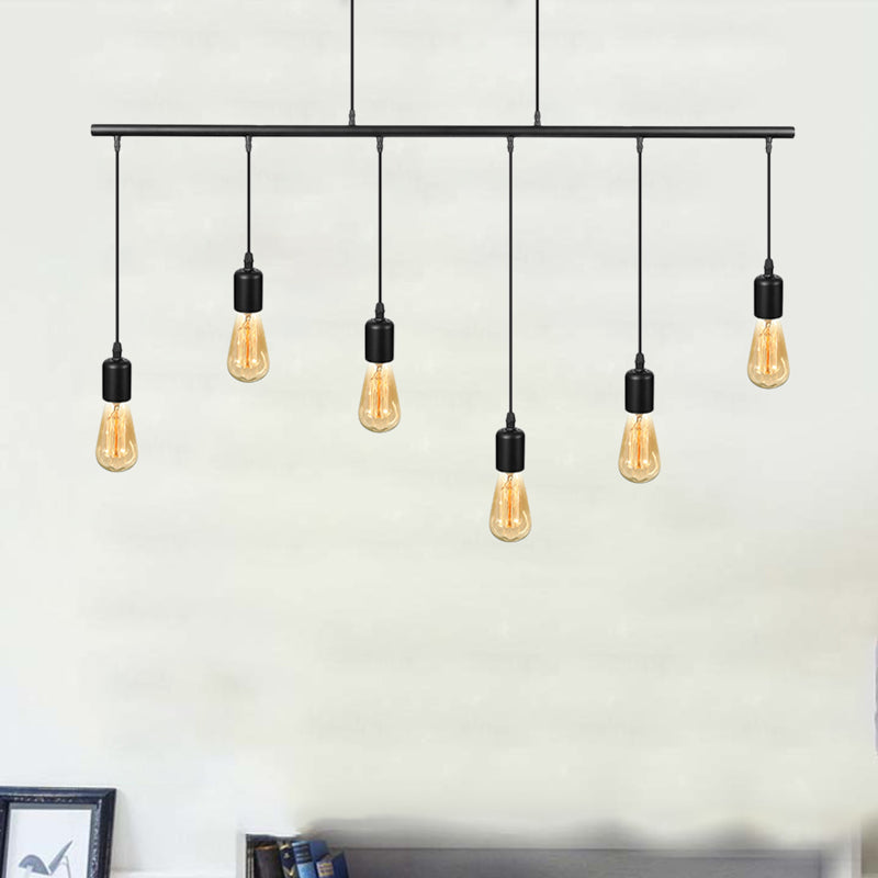 Multi Light Linear Island Ceiling Light with Open Bulb Vintage Industrial Black Metal Pendant Lighting