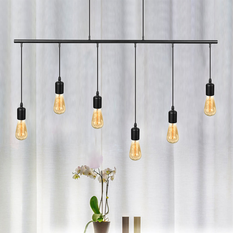 Multi Light Linear Island Ceiling Light with Open Bulb Vintage Industrial Black Metal Pendant Lighting