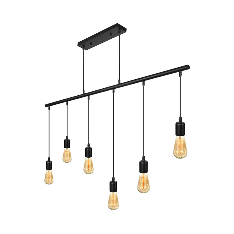 Multi Light Linear Island Ceiling Light with Open Bulb Vintage Industrial Black Metal Pendant Lighting