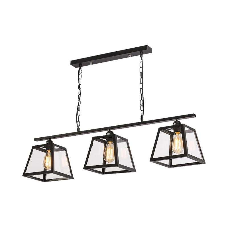 Black Pyramid Island Light Fixture Industrial Metal 3-Bulb Kitchen Hanging Lamp with Glass Panel