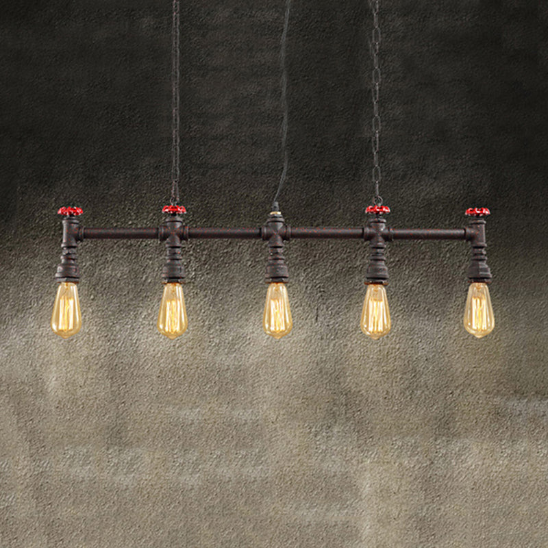 Iron Bare Bulb Island Lighting Industrial 5-Head Dining Room Adjustable Ceiling Light Fixture with Pipe and Valve