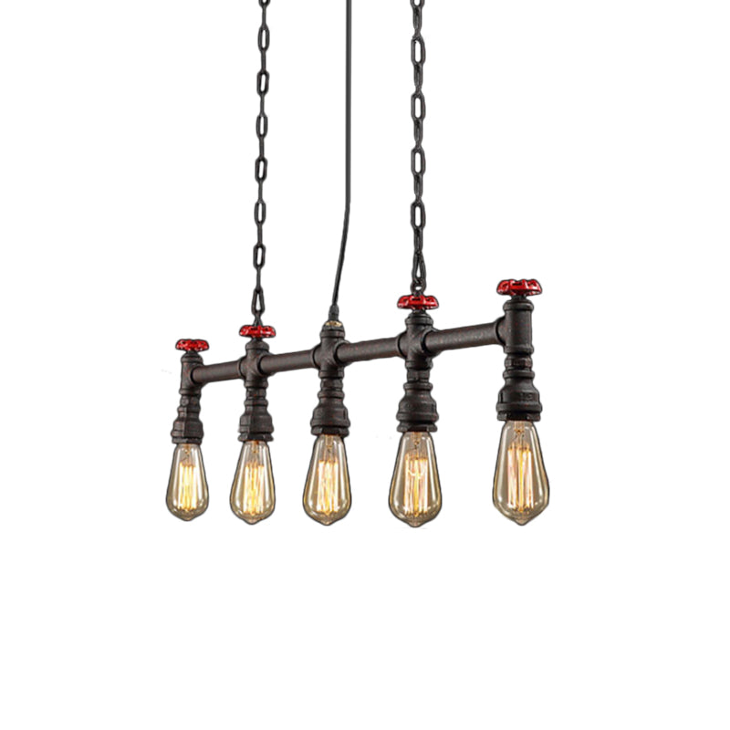 Iron Bare Bulb Island Lighting Industrial 5-Head Dining Room Adjustable Ceiling Light Fixture with Pipe and Valve