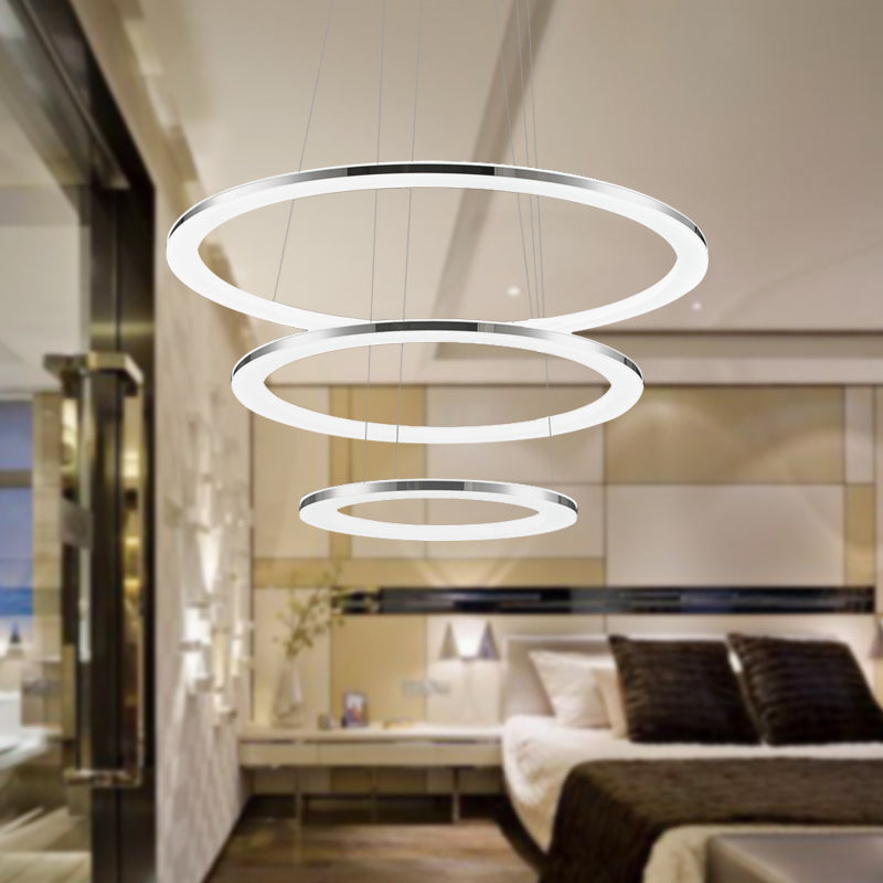 Acrylic Round Ceiling Pendant Contemporary LED 1/2/3-Head Silver Chandelier in Warm/White Light