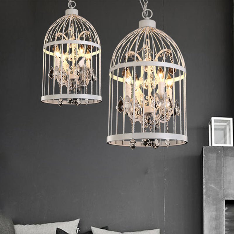 4 Heads Birdcage Candier Lighting Style vintage Lampada sospesa in ferro nero/bianco/ruggine con candela e cristallo deco per soggiorno