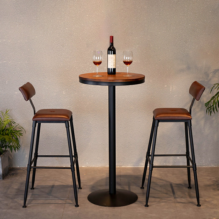 Round Wooden Pub Table Industrial Brown Bistro Bar Table with Metal Pedestal
