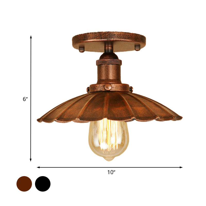 1 Head Fer Semi-Flush Light Antique Style Rust / Black Scalloped Shade Balcony Semi Flush Mount Lighting