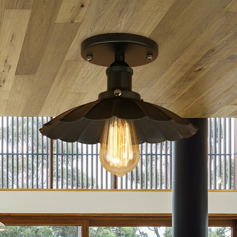 1 Head Fer Semi-Flush Light Antique Style Rust / Black Scalloped Shade Balcony Semi Flush Mount Lighting