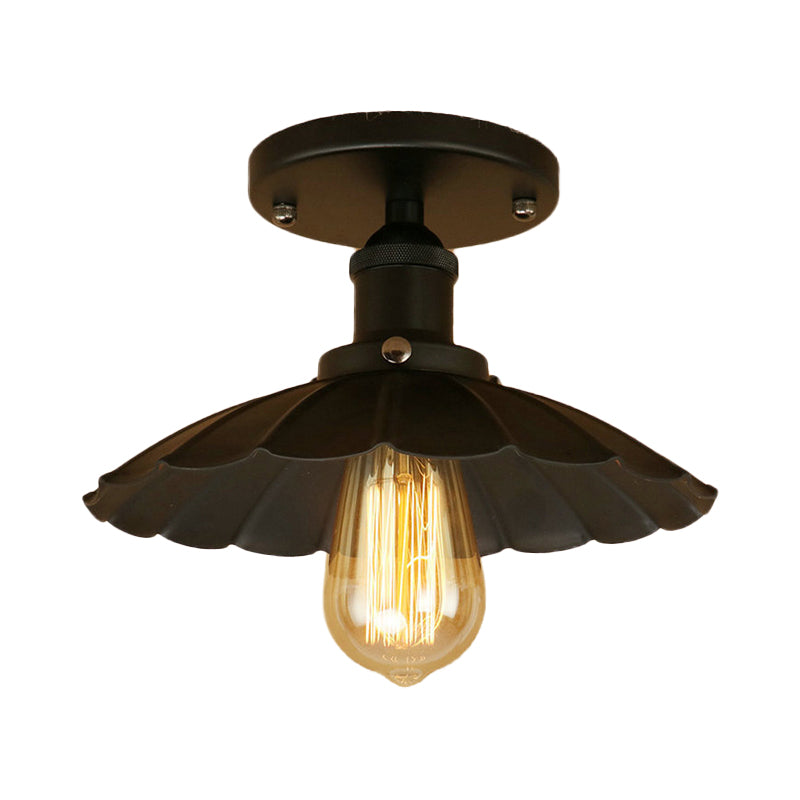 1 Head Fer Semi-Flush Light Antique Style Rust / Black Scalloped Shade Balcony Semi Flush Mount Lighting