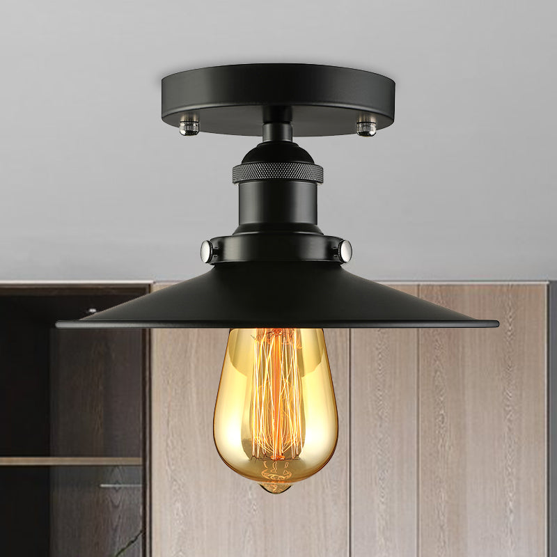 Black/Brass Flat Shade Semi Flush Light Vintage Style Metal 1 Bulb Kitchen Semi Flush Mount Lighting