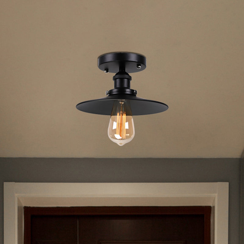 Black/Brass Flat Shade Semi Flush Light Vintage Style Metal 1 Bulb Kitchen Semi Flush Mount Lighting