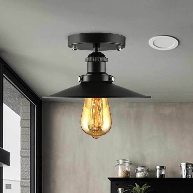 Black/Brass Flat Shade Semi Flush Light Vintage Style Metal 1 Bulb Kitchen Semi Flush Mount Lighting