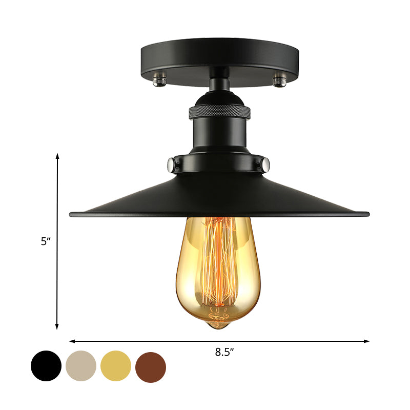 Black/Brass Flat Shade Semi Flush Light Vintage Style Metal 1 Bulb Kitchen Semi Flush Mount Lighting