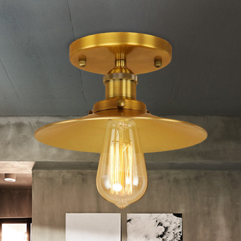 Black/Brass Flat Shade Semi Flush Light Vintage Style Metal 1 Bulb Kitchen Semi Flush Mount Lighting