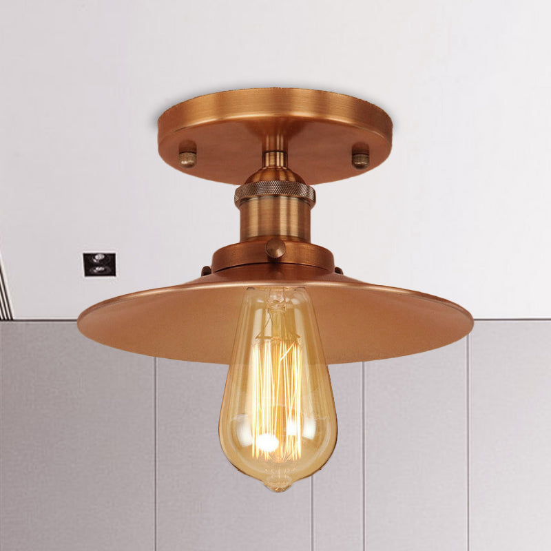 Black/Brass Flat Shade Semi Flush Light Vintage Style Metal 1 Bulb Kitchen Semi Flush Mount Lighting