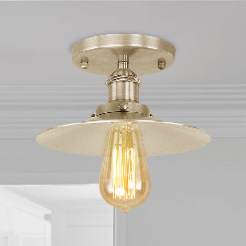 Black/Brass Flat Shade Semi Flush Light Vintage Style Metal 1 Bulb Kitchen Semi Flush Mount Lighting