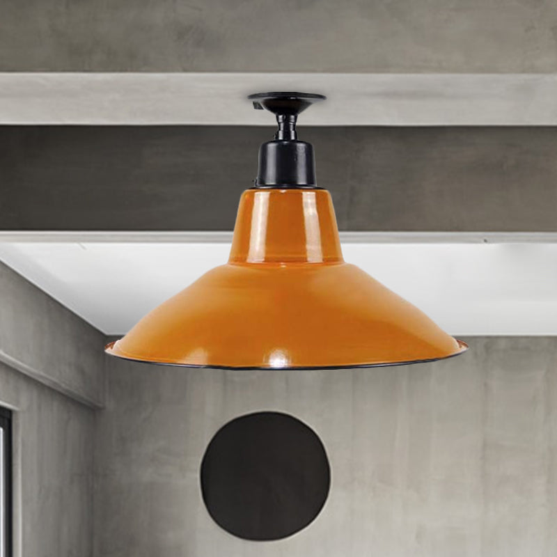 Vintage Style Cone Semi Flush Mount Lighting 1 Bulb Metal Ceiling Light Fixture in Orange for Balcony