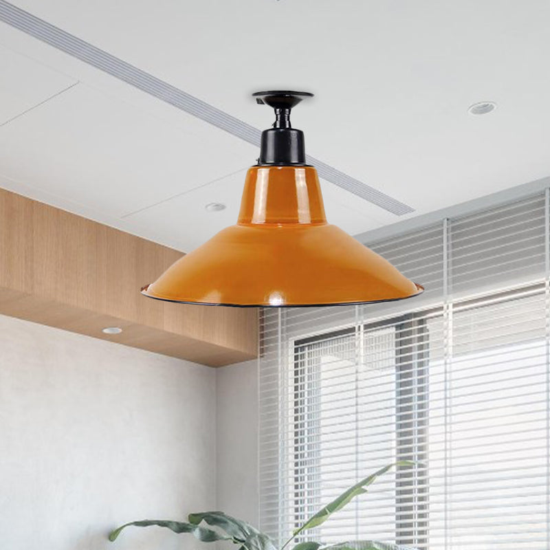 Vintage Style Cone Semi Flush Mount Lighting 1 Bulb Metal Ceiling Light Fixture in Orange for Balcony