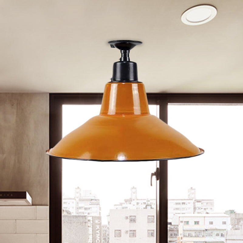 Vintage Style Cone Semi Flush Mount Lighting 1 Bulb Metal Ceiling Light Fixture in Orange for Balcony