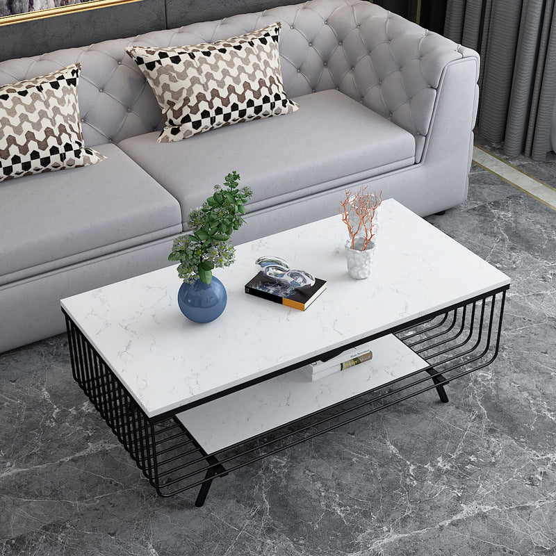 Glam 4 Legs Rectangular Marble Top Coffee Table with Storage Shelf