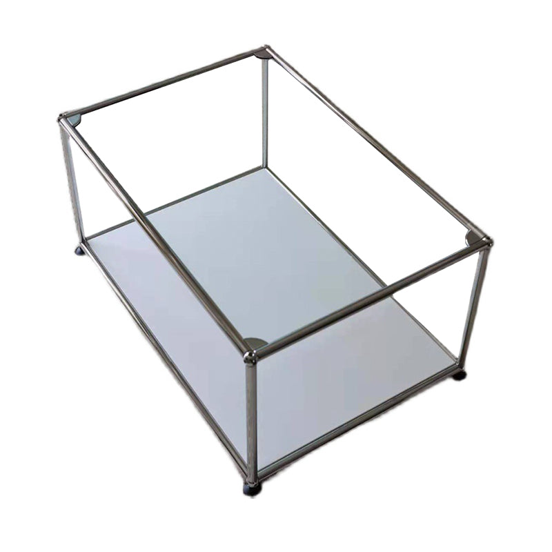 Rectangular Steel Coffee Table Modern Glass Top Cocktail Table with Floor Shelf
