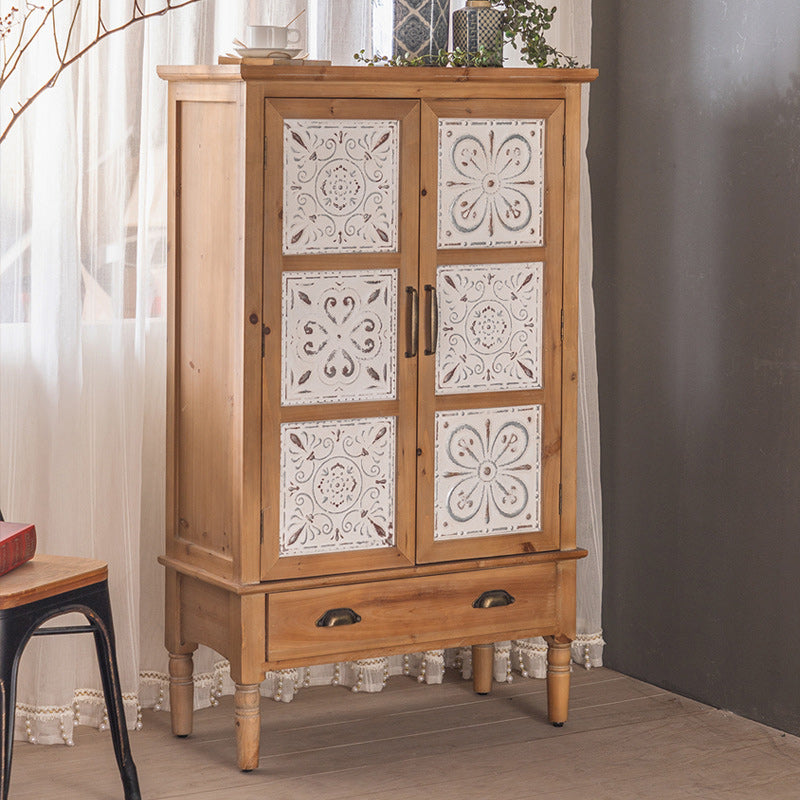 Industrial Wooden Cabinet with Turned Legs and Drawers in Brown