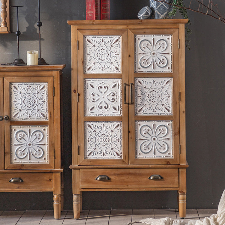 Industrial Wooden Cabinet with Turned Legs and Drawers in Brown