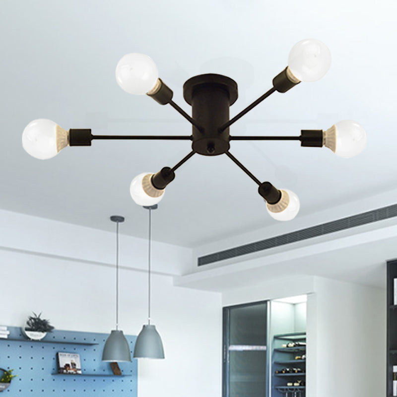 6/8 Heads Ceiling Light Fixture with Exposed Bulb Metal Retro Style Bedroom Semi Flush Mount Lighting in Black/White
