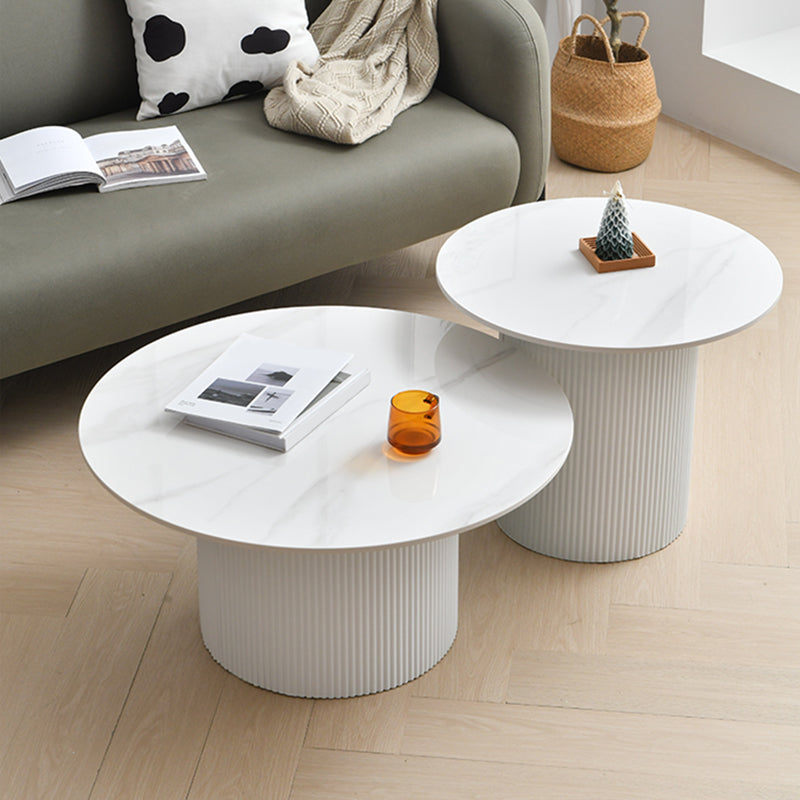 Slate Round Coffee Table Pedestal Cocktail Table Set in White