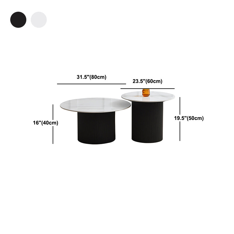 Slate Round Coffee Table Pedestal Cocktail Table Set in White