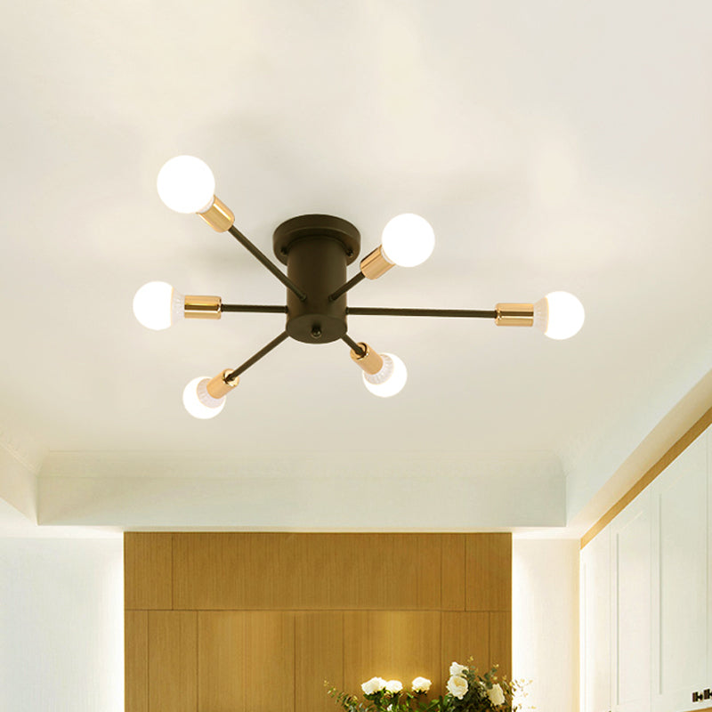 6/8 Heads Bare Bulb Semi Flush Mount Light Vintage Style Black/White Metallic Ceiling Light Fixture for Kitchen