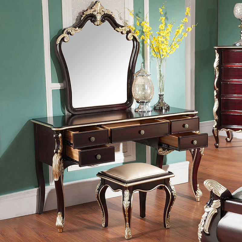 Brown Makeup Counter with Mirror 19.68" Wide Wood Vanity Tables with 5 Drawers