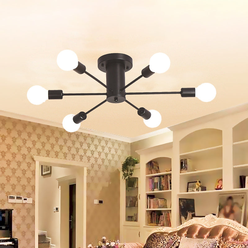 6/8 Heads Bare Bulb Semi Flush Mount Light Vintage Style Black/White Metallic Ceiling Light Fixture for Kitchen