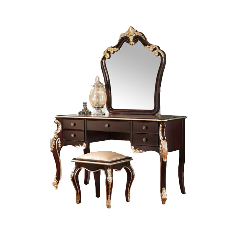 Brown Makeup Counter with Mirror 19.68" Wide Wood Vanity Tables with 5 Drawers