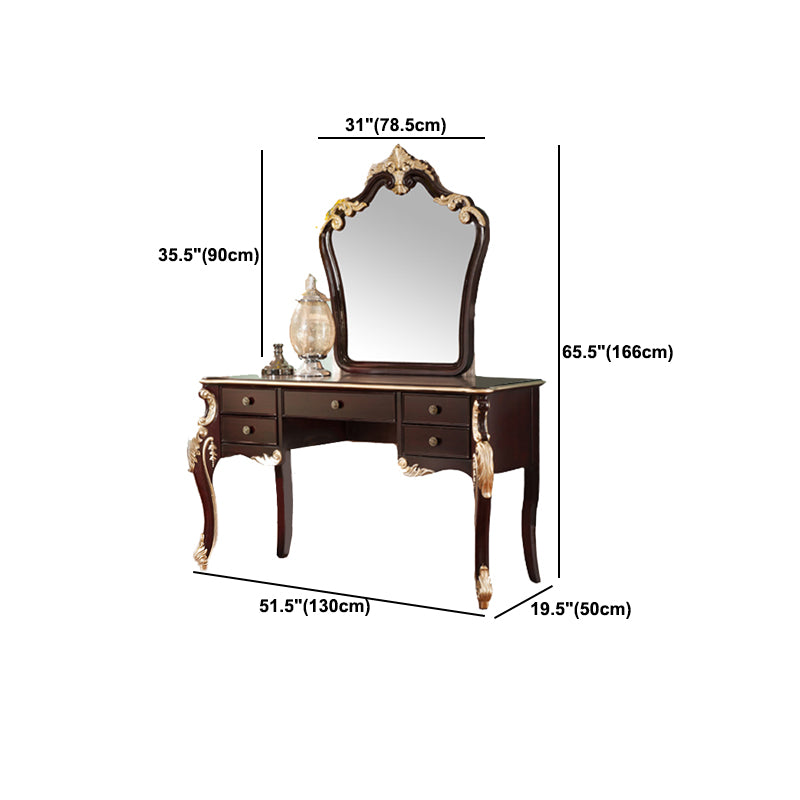 Brown Makeup Counter with Mirror 19.68" Wide Wood Vanity Tables with 5 Drawers