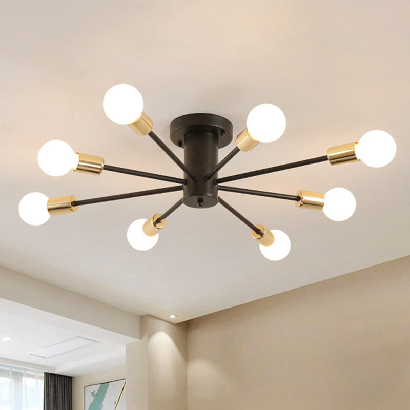 6/8 Heads Bare Bulb Semi Flush Mount Light Vintage Style Black/White Metallic Ceiling Light Fixture for Kitchen