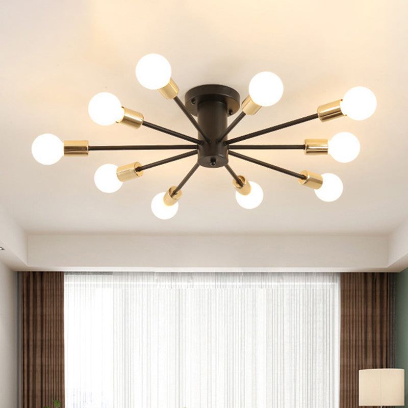 6/8 Heads Bare Bulb Semi Flush Mount Light Vintage Style Black/White Metallic Ceiling Light Fixture for Kitchen