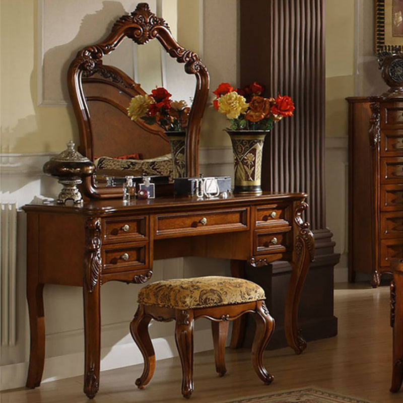 18.89" Wide Brown Vanity Set with Mirror Glass Make-up Vanity with 5 Storage Drawers