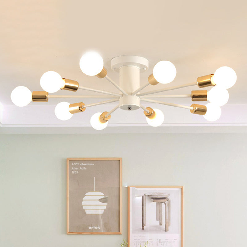6/8 Heads Bare Bulb Semi Flush Mount Light Vintage Style Black/White Metallic Ceiling Light Fixture for Kitchen