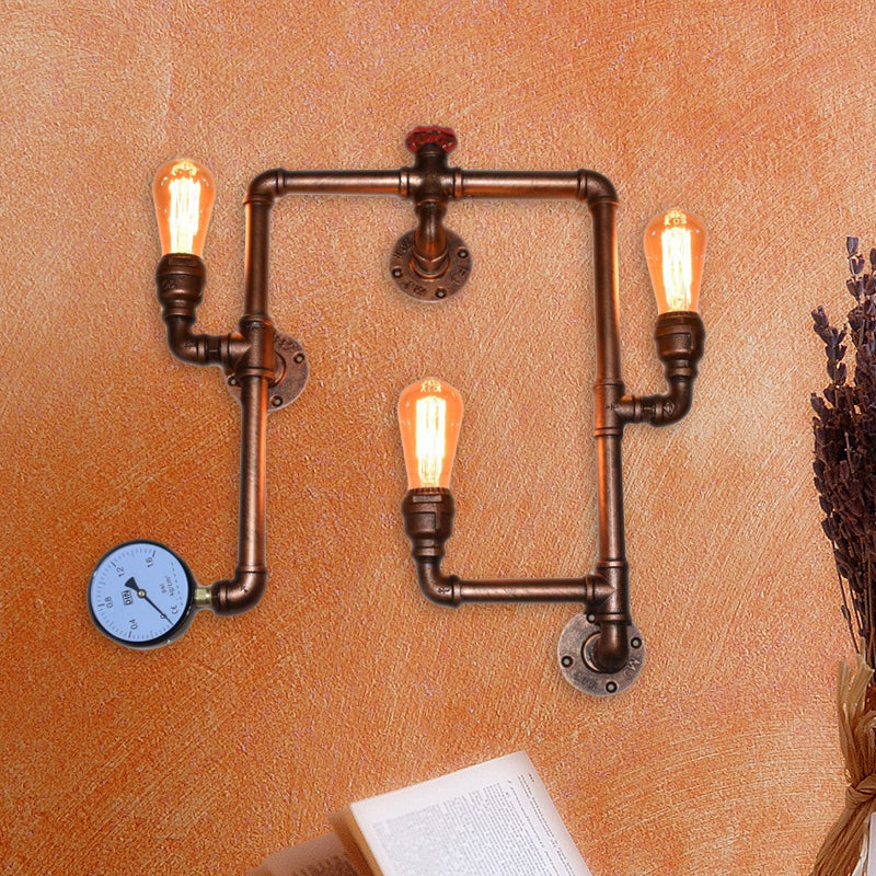 3-Head Iron Sconce Light Industrial Copper Finish Twisted Living Room Wall Mount Pipe Lamp with Gauge Deco