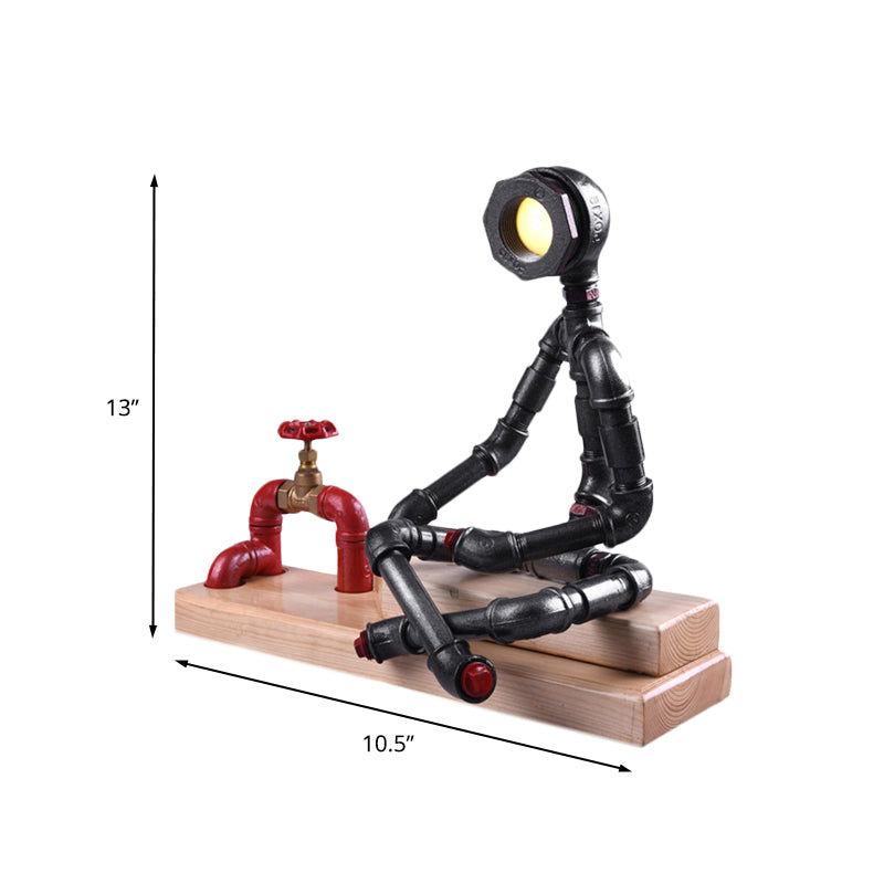 Lámpara de mesa LED Industrial con patas cruzadas de hierro para dormitorio, lámpara de noche en negro con válvula decorativa y base de madera rectangular